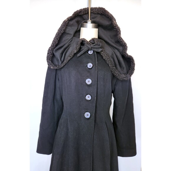 40s 50s Black WOOL Princess Coat w Large Collar Fit and Flare Wasp Waist Coat XS - Picture 2 of 10